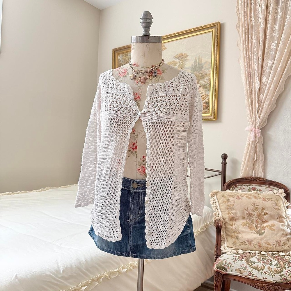 Y2K Eddie Bauer size large white linen blend crochet cardigan